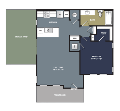 Floor plan for 1 bed, 1 bath, 744 sqft